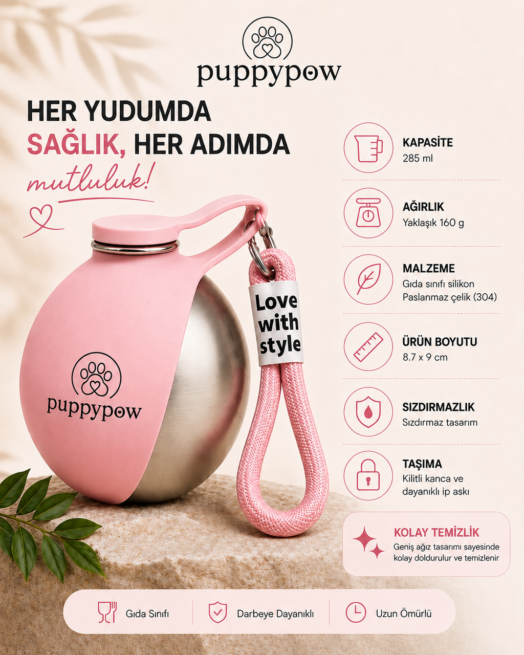 Evcil Hayvan Seyahat Sızdırmaz Pratik Çelik Su Matarası –  | 285 ml