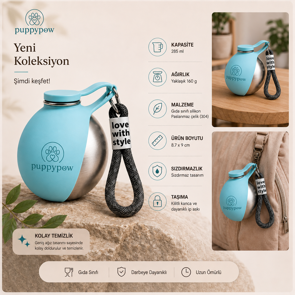 Evcil Hayvan Seyahat Sızdırmaz Pratik Çelik Su Matarası –  | 285 ml