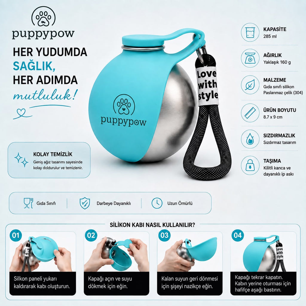 Evcil Hayvan Seyahat Sızdırmaz Pratik Çelik Su Matarası –  | 285 ml