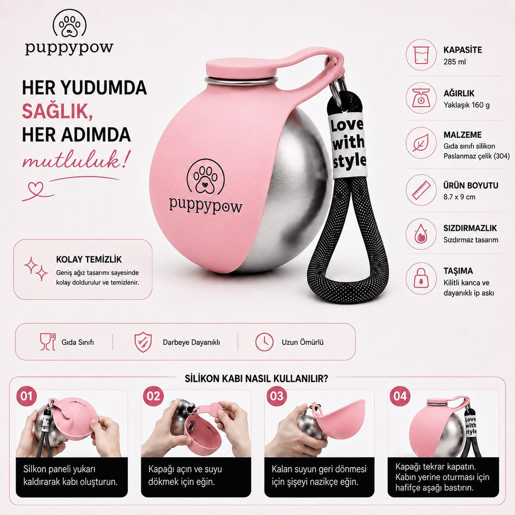 Evcil Hayvan Seyahat Sızdırmaz Pratik Çelik Su Matarası –  | 285 ml