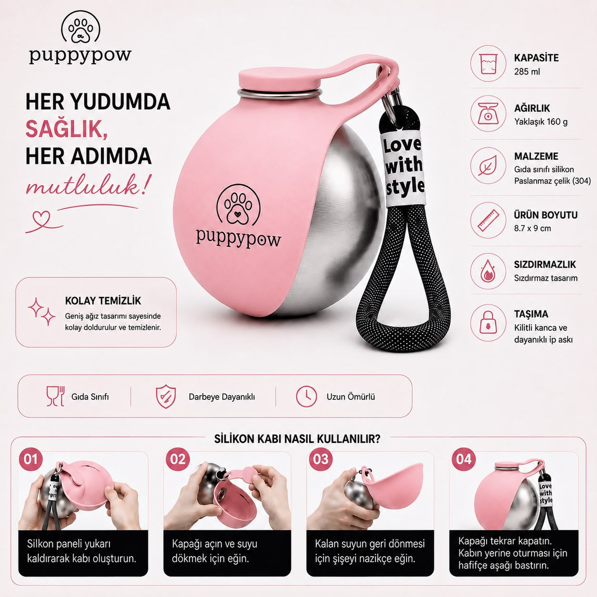 Evcil Hayvan Seyahat Sızdırmaz Pratik Çelik Su Matarası –  | 285 ml